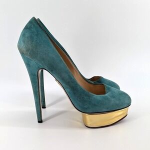 Charlotte Olympia Teal Suede Gold Platform Stiletto Heels Size 41